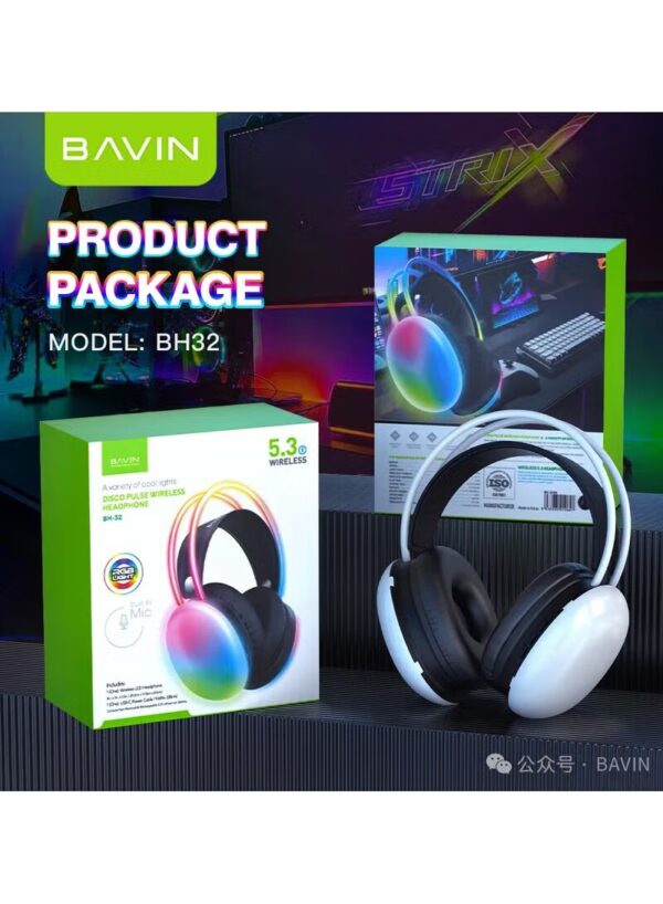 Bavin Avariety Of Cool Lights Disco Pulse Wireless Headphone Built In Mic White BH32