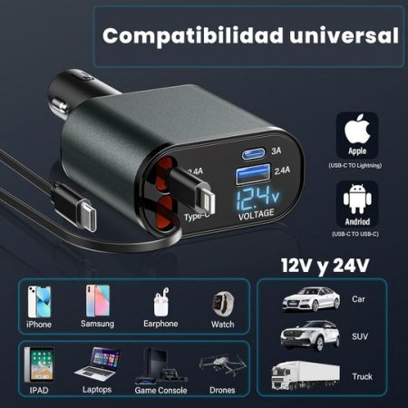 120W 4-in-1 Super Fast Retractable Car Charger